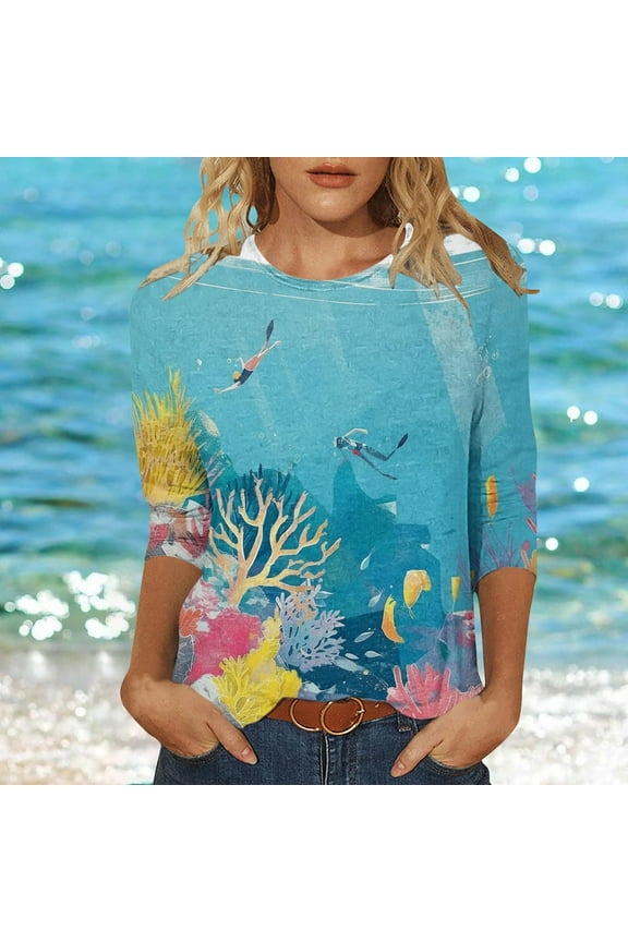 Tropical Print 3/4 Sleeve Tops Women 2025 Resort Wear Round Neck Loose Fit Beach Shirt Summer Holiday Party Vacation Casual Blouse Multicolor M