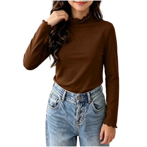 LYEAA Turtleneck Shirts for Girls Long Sleeve Basic Tee Strecth Slimming Pullover Solid Dressy Fall Tops Coffee 150