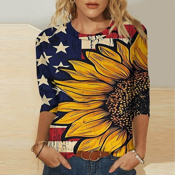 LYEAA USA Independence Day Cotton Blouse Women 3/4 Sleeve Round Neck T-Shirt Patriotic Print Casual Summer Top Beach Outfit Blue M