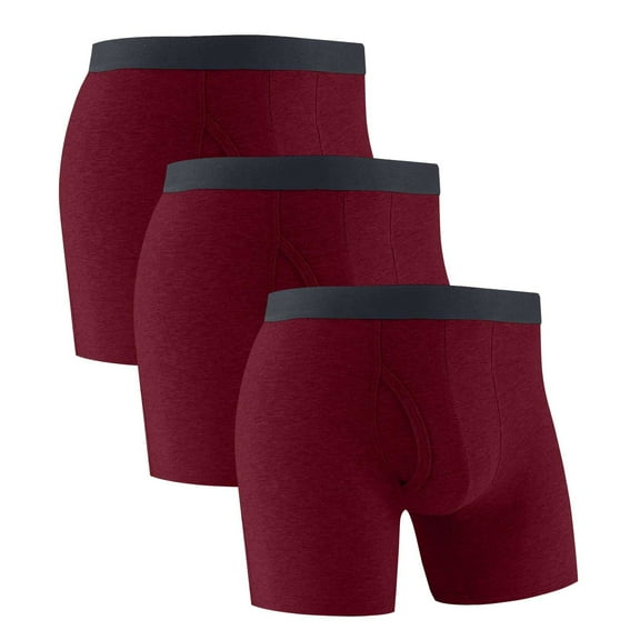 LYEAA Underwear for Men Boxers Value Pack of 3 Cotton Soft Breathable Trunks Solid Plus Comfortable Underpants Elastic Waistband Fashion Support Pouch Briefs with Fly Red L