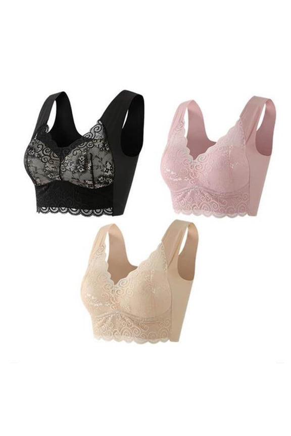 No Underwire Bras Plus Size 3 Pack of Push Up No Wire Lace Pullover Full Figure Wide Strap Everyday Bra Under Outfit Bra Solid Breathable T-Shirt Bra Sleep Bra Shapewear Bra for Women Beige 3XL