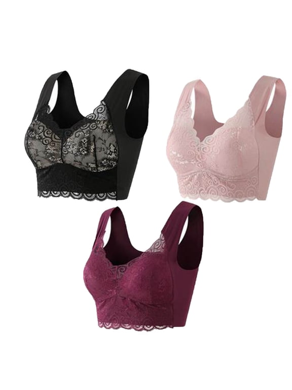No Underwire Bras Plus Size 3 Pack of Push Up No Wire Lace Pullover Full Figure Wide Strap Everyday Bra Solid Breathable T-Shirt Bra Sleep Bra Shapewear Bra for Women Purple 2XL