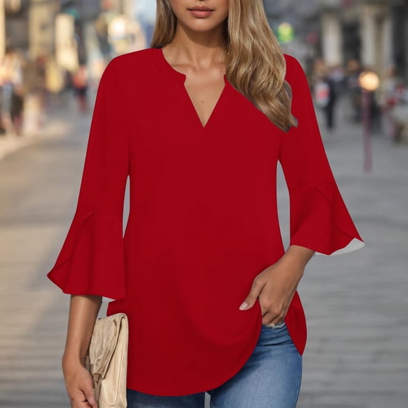 LYEAA V Neck 3/4 Sleeve Tops for Women Soft Washed Cotton Linen Crinkle Design Loose Fit Blouse Casual Office Beach Vacation Outfit Red L