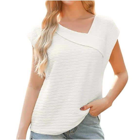 LYEAA V Neck Shirts for Women Short Sleeve Solid Color T-Shirts Casual Dressy Comfort Fashion Pullover Tops White M