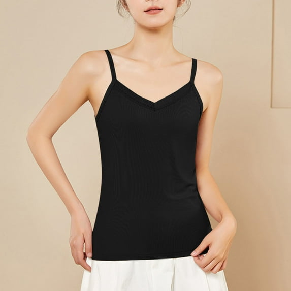 LYEAA V Neck Tank Tops for Women Fitted Spaghetti Strap Summer Casual Cami Shirt Solid Sleeveless Breathable Fashion Ladies Pullover Shirts Black