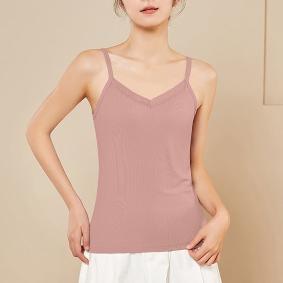 LYEAA V Neck Tank Tops for Women Fitted Spaghetti Strap Summer Casual Cami Shirt Solid Sleeveless Breathable Fashion Ladies Pullover Shirts Pink