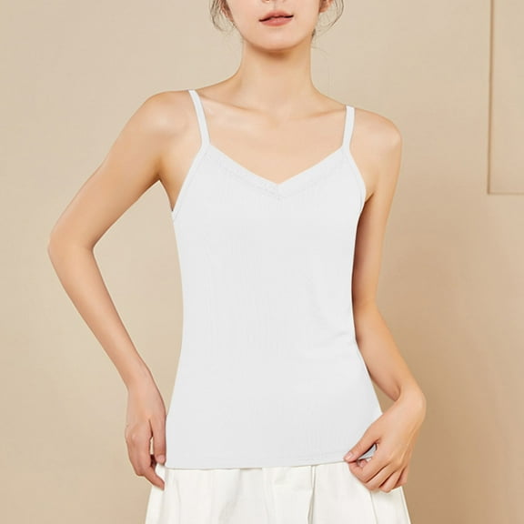 LYEAA V Neck Tank Tops for Women Fitted Spaghetti Strap Summer Casual Cami Shirt Solid Sleeveless Breathable Fashion Ladies Pullover Shirts White