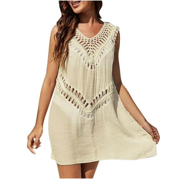 LYEAA Vacation Dresses for Women Beach Plus Size V Neck Sleeveless Flowy Crochet Elegant Midi Dresses Solid Casual Dressy Loose Cut Out Pullover Dresses Comfort Dresses Brown 2XL