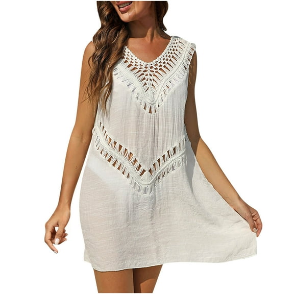 LYEAA Vacation Dresses for Women Beach Plus Size V Neck Sleeveless Flowy Crochet Elegant Midi Dresses Solid Casual Dressy Loose Cut Out Pullover Dresses Comfort Dresses White XL