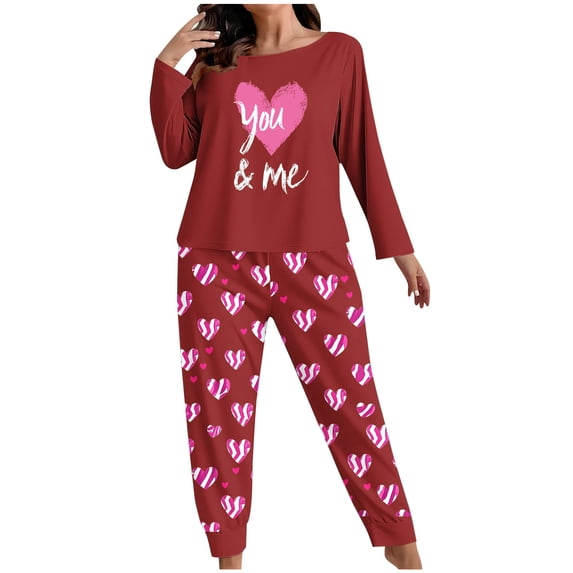 LYEAA Valentine Pajamas Women Plus Size Heart Print Long Sleeve Top and Pant Lightweight Sleepwear Holiday Nightwear