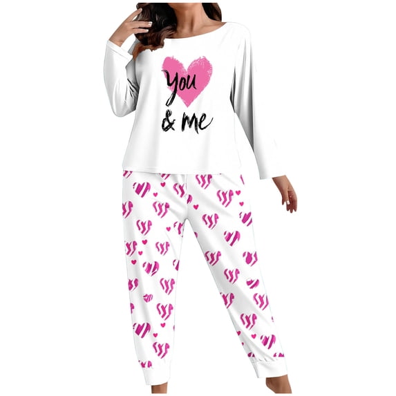 LYEAA Valentine Pajamas Women Plus Size Heart Print Long Sleeve Top and Pant Lightweight Sleepwear Holiday Nightwear