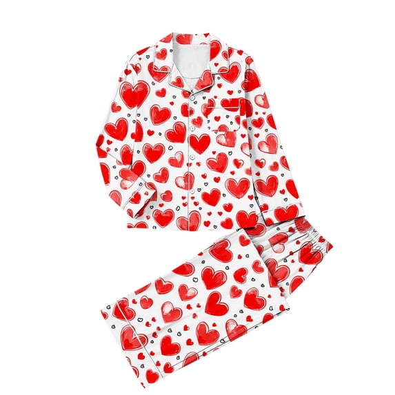 LYEAA Valentine for Women Pajamas Heart Print Lapel Long Sleeve Button Down Shirt and Pant Sleepwear Breathable Nightwear