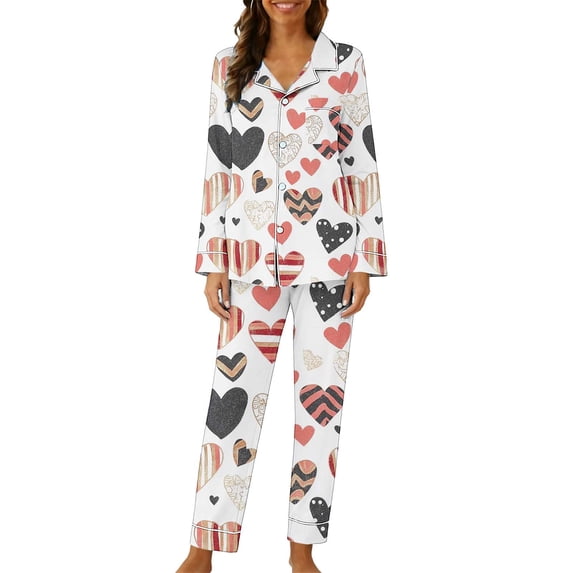 LYEAA Valentine for Women Pajamas Heart Print Lapel Long Sleeve Button Down Shirt and Pant Sleepwear Holiday Loungewear