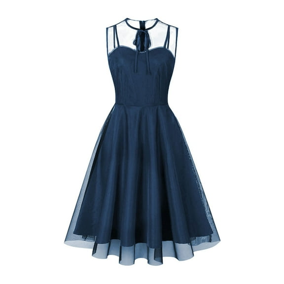 LYEAA Vintage Dresses for Women 50s Plus Size Crew Neck Sleeveless Flowy Mesh Elegant Ball Gown Midi Dresses Solid Casual Dressy A-line Zipper Dresses Comfort Holiday Dresses Blue M