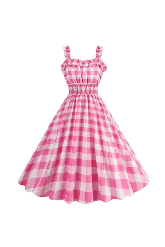 Vintage Dresses for Women 50s Sleeveless Formal Plus Size Elegant Loose Knee Length A Line Wedding Guest Dresses Plaid Ruffle Prom Birthday Flowy Summer Ball Gown Party Dresses Pink 2XL