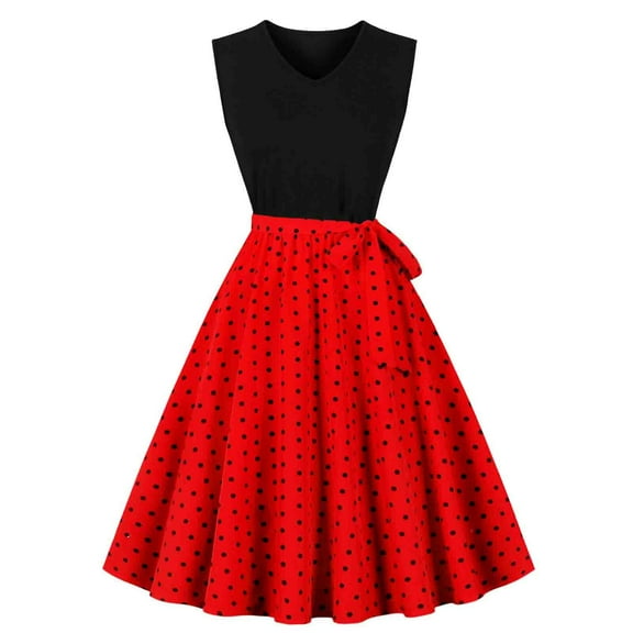 LYEAA Vintage Dresses for Women Sleeveless Formal Plus Size Elegant Loose Midi A Line Wedding Guest Dresses V Neck Color Block Patchwork 1950s Prom Flowy Summer Ball Gown Party Dresses Red 2XL
