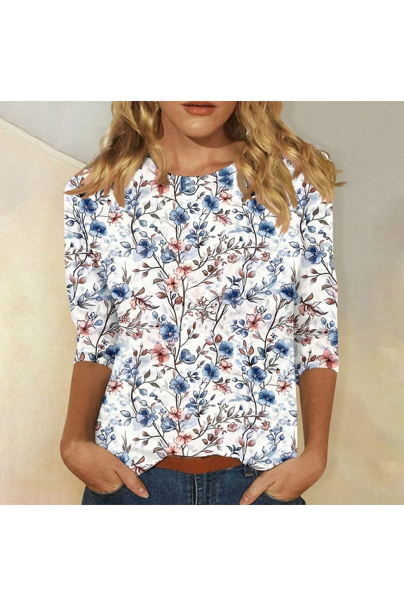 Vintage Floral Tops for Women 3/4 Sleeve Loose Fit Casual Daily Wear Cotton Blend Round Neck Blouse with Artistic Botanical Patterns Multicolor M