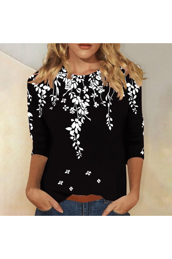 Vintage Floral Tops for Women 3/4 Sleeve Loose Fit Casual Daily Wear Cotton Blend Round Neck Blouse with Artistic Botanical Patterns Black XL