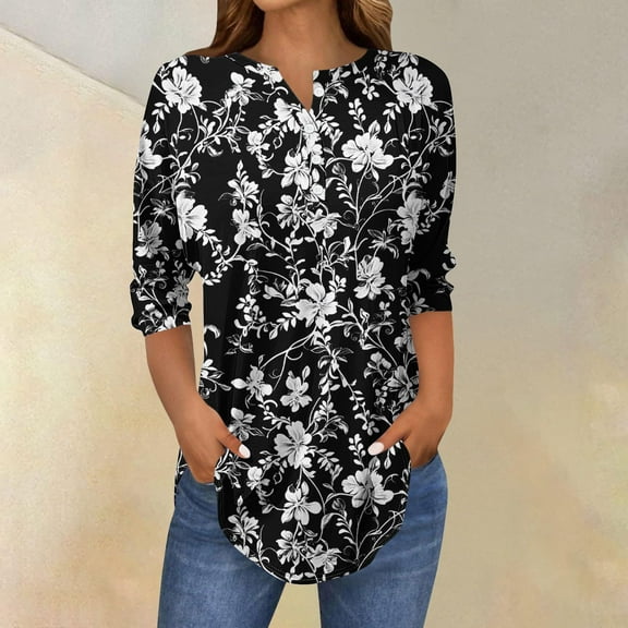 LYEAA Vintage Inspired Floral 3/4 Sleeve Button Up Blouse Round Neck Women Tops Lightweight Rayon for Spring Summer Casual Outfits Multicolor XL