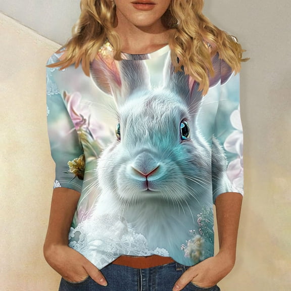 LYEAA Vintage Style 3/4 Sleeve T-Shirt Women Easter Print Round Neck Oversized Cotton Top Spring Holiday Casual Daily Wear Multicolor S