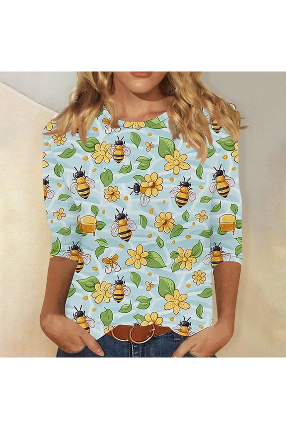 Vintage Style Bee Print 3/4 Sleeve Tops for Women Round Neck Pullover Blouse Loose Fit Summer Casual Holiday Wear Multicolor M