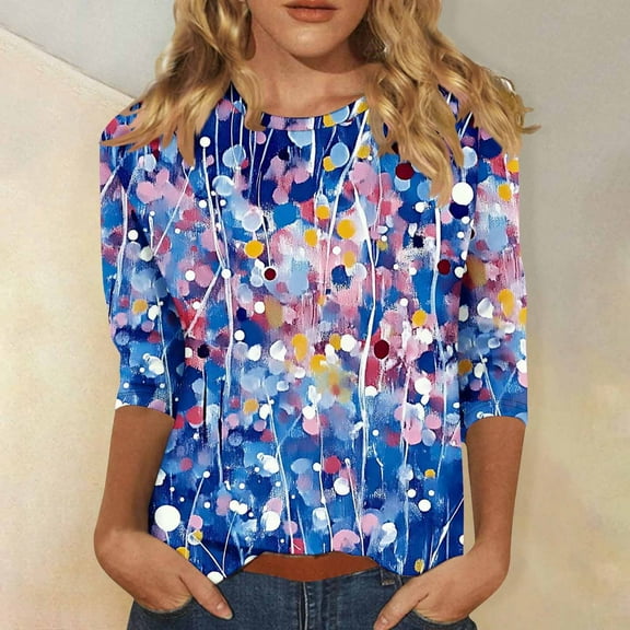 LYEAA Vintage Style Printed 3/4 Sleeve Tops for Women Round Neck Linen Cotton Blend Blouse Beach Cover Up Music Festival Multicolor M