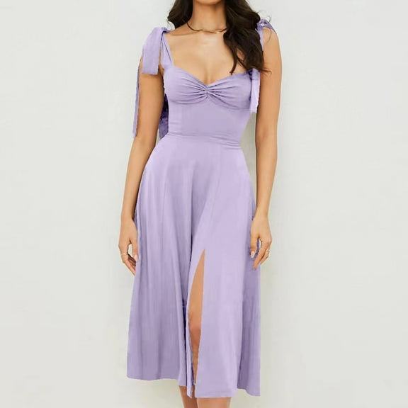 LYEAA Wedding Guest Dresses for Women Sleeveless Formal Plus Size Elegant Loose Long A Line Dresses V Neck Solid Fashion Prom Birthday Flowy Summer Party Dresses with Slit Purple 2XL