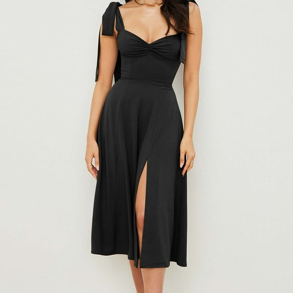 LYEAA Wedding Guest Dresses for Women Sleeveless Formal Plus Size Elegant Loose Long A Line Dresses V Neck Solid Fashion Prom Birthday Flowy Summer Party Dresses with Slit Black L