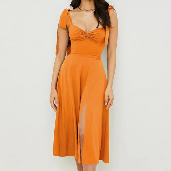 LYEAA Wedding Guest Dresses for Women Sleeveless Formal Plus Size Elegant Loose Long A Line Dresses V Neck Solid Fashion Prom Birthday Flowy Summer Party Dresses with Slit Orange 2XL