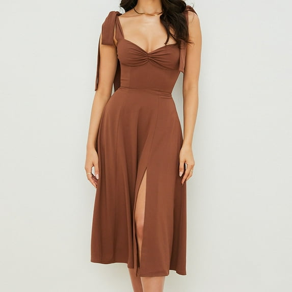 LYEAA Wedding Guest Dresses for Women Sleeveless Formal Plus Size Elegant Loose Long A Line Dresses V Neck Solid Fashion Prom Birthday Flowy Summer Party Dresses with Slit Brown S