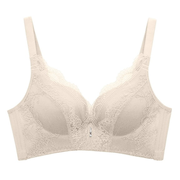 LYEAA No Wire Bras for Women Lace Push up Lightly Lined Wireless Daily Bras Wirefree Adjustable Strap Lift Soft Bralette Breathable Comfort Sleeping Bras Beige 38/85C