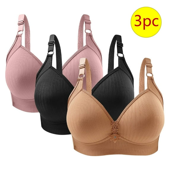LYEAA No Wire Bras for Women Pack of 3 Push Up Wireless Bra Full Figure Lifting Adjustable Strap Everyday Bra Support Under Outfit Bra Solid Breathable T-Shirt Bra Sleep Bra Shapewear Bra Brown 36/80