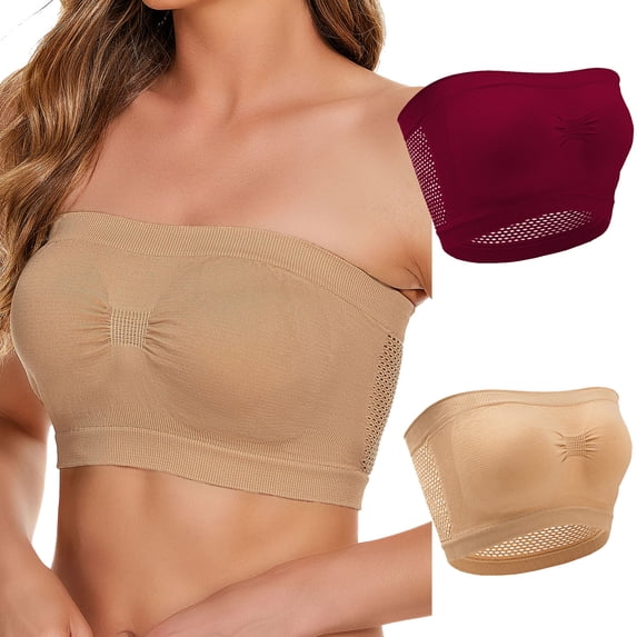 LYEAA Wireless Bras for Women Pack of 2 Plus Size Padded Strapless Stretch Push Up Bandeau No Wire Solid Seamless Invisible Support Non-Slip Breathable Comfortable Soft Sleeping Everyday Bra Red 6XL