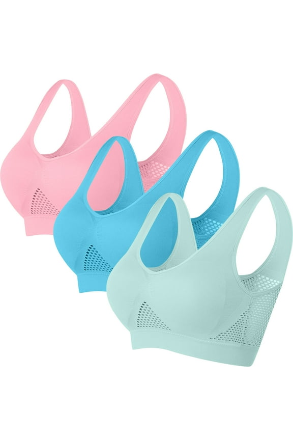 Wireless Bras for Women Plus Size 3 Pack Support No Underwire Cool thin Sport Yoga Bra Solid Stretch Fitness Workout Bra Full Cup Comfort Bras Pullover Breathable Sleeping Bras Multicolor S