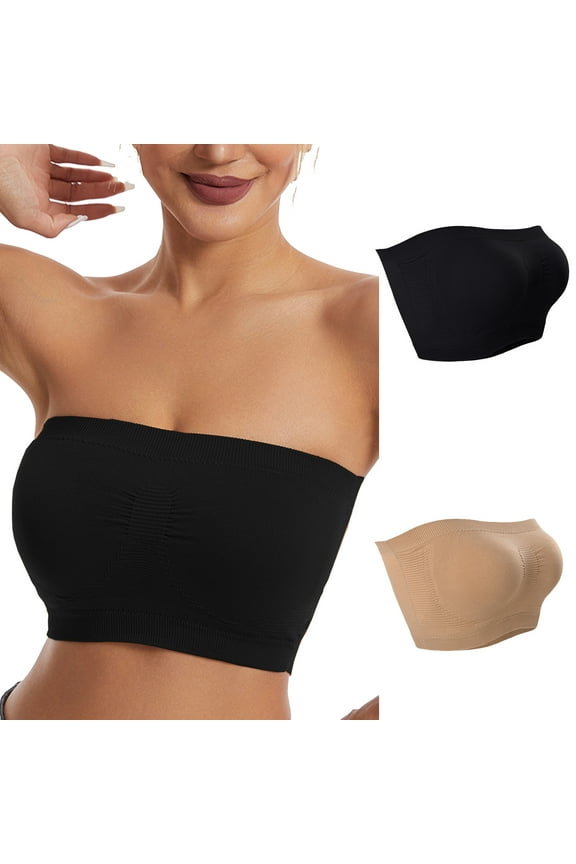 Wireless Bras for Women Plus Size Pack of 2 Padded Strapless Stretch Push Up Bandeau No Wire Solid Seamless Invisible Support Non-Slip Breathable Comfortable Soft Sleeping Everyday Bra Beige L