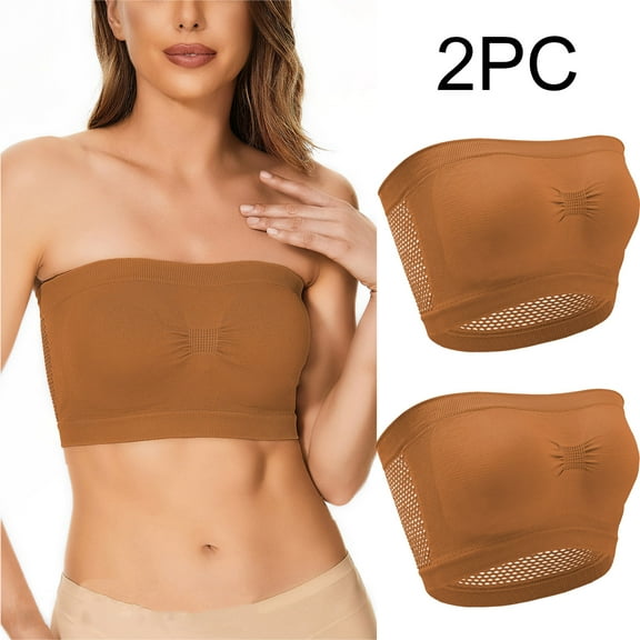 LYEAA Wireless Bras for Women Support Pack of 2 Plus Size Padded Strapless Stretch Push Up Bandeau No Wire Solid Seamless Invisible Non-Slip Breathable Comfortable Soft Sleeping Everyday Bra Brown L
