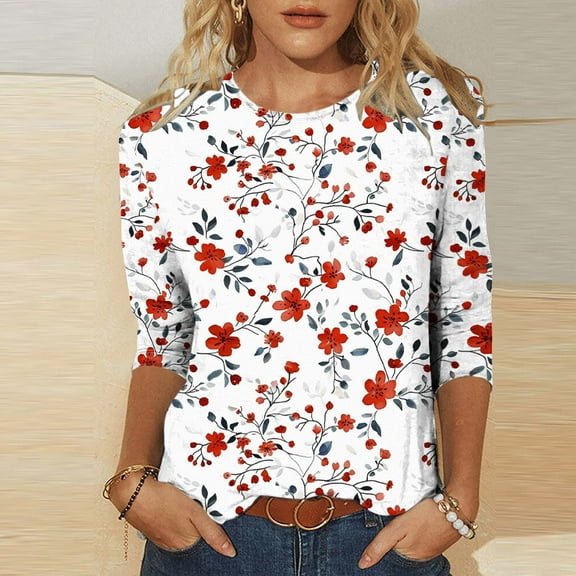 LYEAA Women 2025 All-Day Comfort 3/4 Sleeve Blouse Round Neck Floral Print Loose Fit Resort Top Summer Beach Vacation Casual Cotton Shirt Multicolor S