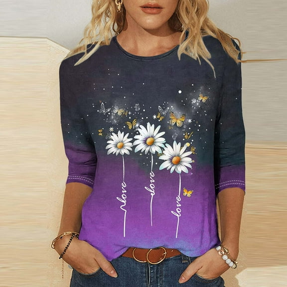 LYEAA Women 2025 All-Day Comfort 3/4 Sleeve Blouse Round Neck Floral Print Loose Fit Resort Top Summer Beach Vacation Casual Cotton Shirt Purple XXXL