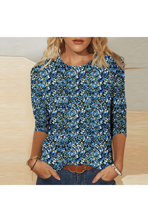 Women 2025 Resort Chic 3/4 Sleeve Blouse Round Neck Floral Print Loose Fit Summer Vacation Tops Beach Dinner Casual Cotton Shirt Blue L
