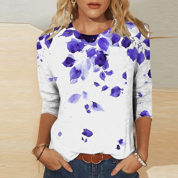 LYEAA Women 2025 Tropical 3/4 Sleeve Tops Round Neck Floral Print Loose Fit Resort Blouse Summer Beach Vacation Casual Shirt Purple S
