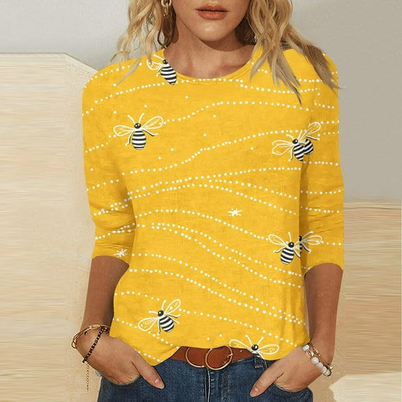 LYEAA Women 3/4 Length Sleeve Bee Print Round Neck Blouse Casual Pullover Top Soft Stretch Fabric for Daily Party Wear Yellow L