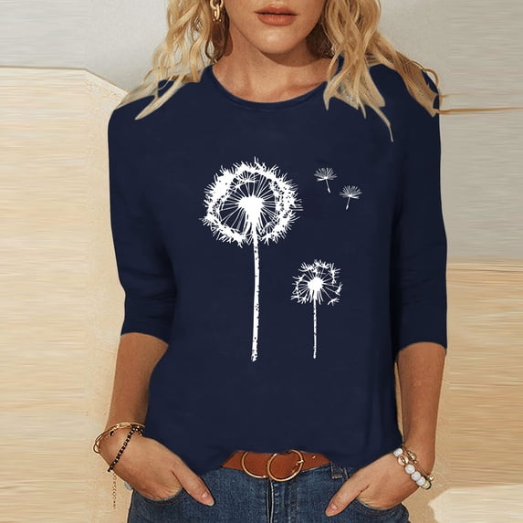 LYEAA Women 3/4 Length Sleeve Casual T-Shirt Soft Cotton Round Neck Solid Color Top Stretchy Comfortable Loungewear Basic Tee for Daily Wear Navy S