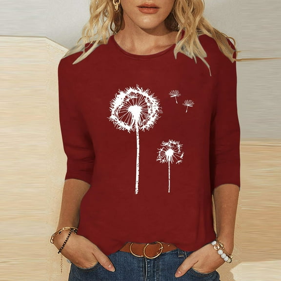 LYEAA Women 3/4 Length Sleeve Casual T-Shirt Soft Cotton Round Neck Solid Color Top Stretchy Comfortable Loungewear Basic Tee for Daily Wear Wine XL