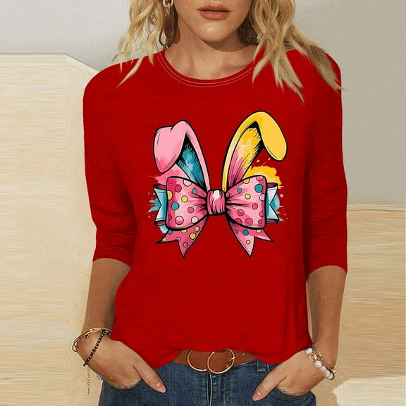 LYEAA Women 3/4 Length Sleeve Holiday Tops Easter Theme Print Round Neck Oversized Blouse Soft Cotton Spring Casual Daily Wear Red XXL
