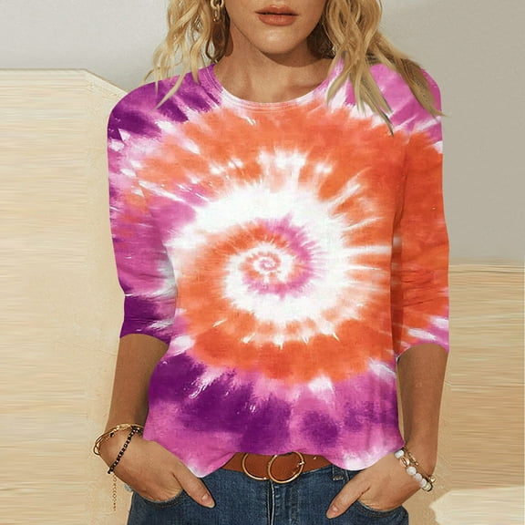 LYEAA Women 3/4 Length Sleeve Round Neck T-Shirt Soft Cotton Casual Solid Color Top Elastic Comfortable Loungewear Basic Tee for Yoga Lounge Hot Pink XL