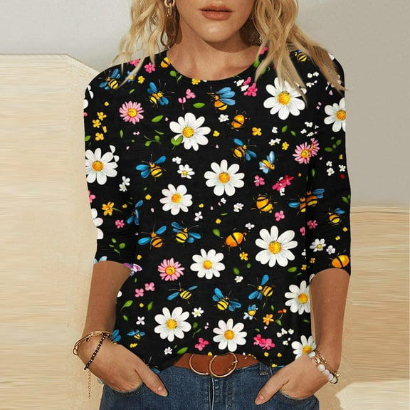 LYEAA Women 3/4 Sleeve Bee Print Round Neck Casual Top Stretchy Fabric Comfort Fit for Summer Festivals Daily Use Black S