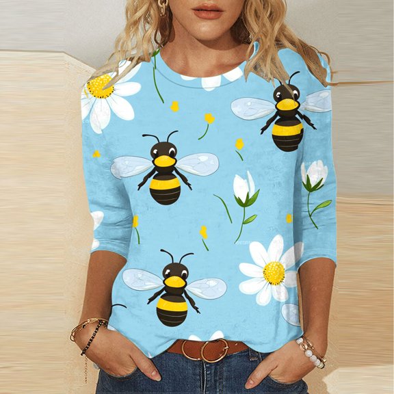 LYEAA Women 3/4 Sleeve Bee Print Round Neck Casual Top Stretchy Fabric Comfort Fit for Summer Festivals Daily Use Sky Blue S