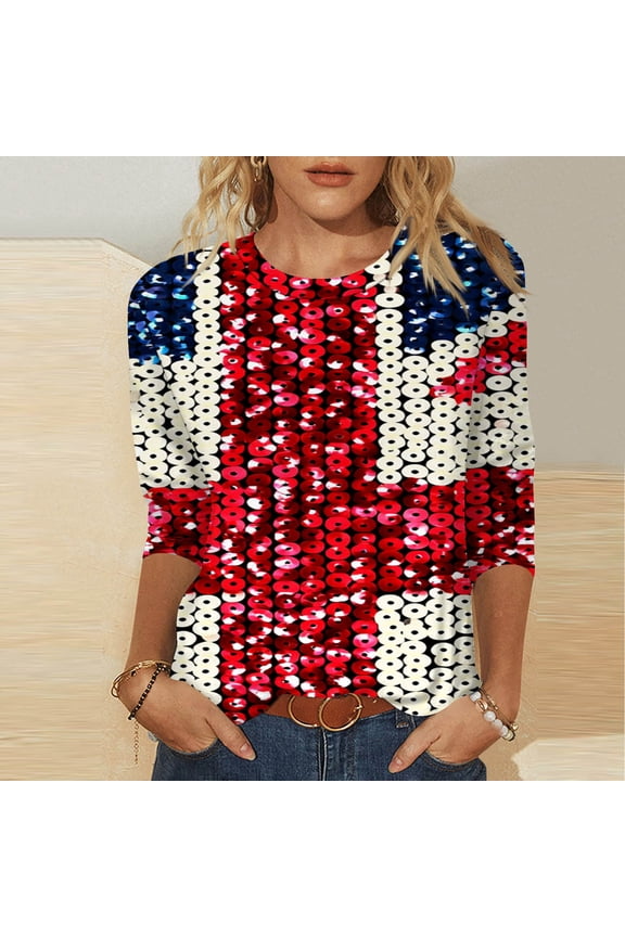 Women 3/4 Sleeve British Flag Print Round Neck Casual Tops, Summer Fashion Blouse with Stretchy Fabric, Comfortable Daily Wear T-Shirts for Women Blue M