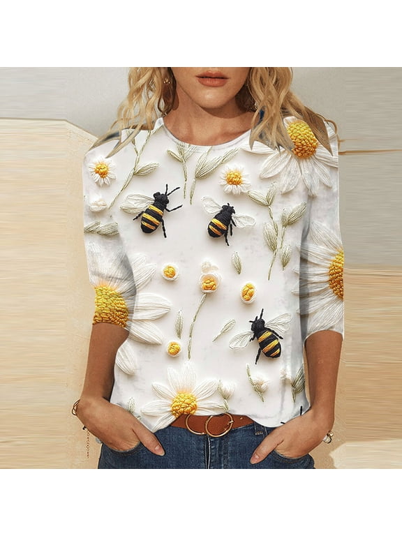 Women 3/4 Sleeve Casual Bee Print Blouse Round Neck Pullover Tops for Spring Summer Lightweight Breathable Festival Outfit Yellow S