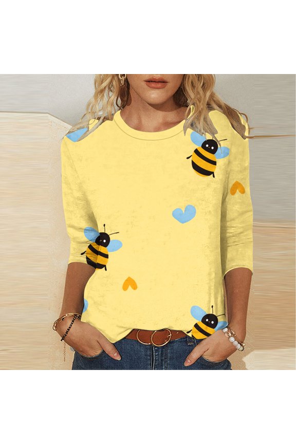 Women 3/4 Sleeve Casual Bee Print Blouse Round Neck Pullover Tops for Spring Summer Lightweight Breathable Festival Outfit Yellow XL